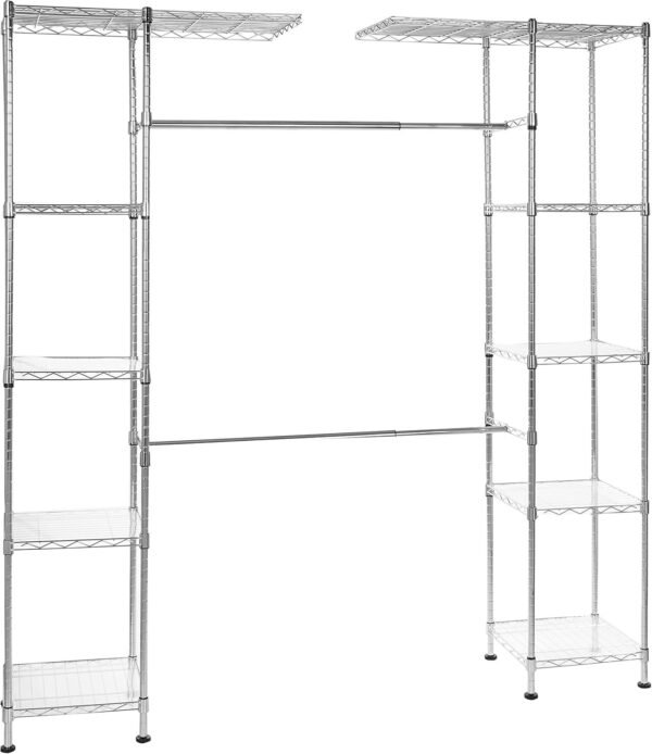 Adjustable Metal Hanging Storage Rack – Expandable Closet Organizer with Shelves for Bedroom, Laundry Room, or Garage