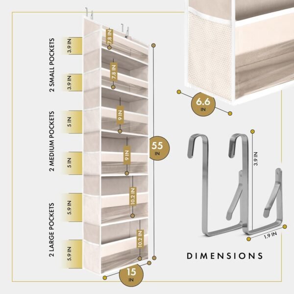 THEORY 1 PC Heavy Duty Over the Door Organizer 55x14x6.7, 6 Large Front & 12 Side Pockets