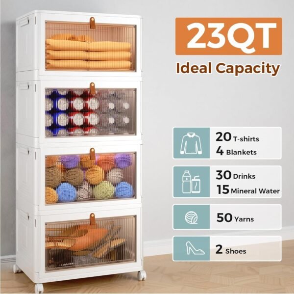 4-Tier Stackable Storage Bins with Lids – 23QT Heavy-Duty Closet Organizers on Wheels for Bedroom, Garage, or Laundry Room