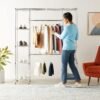 Adjustable Metal Hanging Storage Rack – Expandable Closet Organizer with Shelves for Bedroom, Laundry Room, or Garage